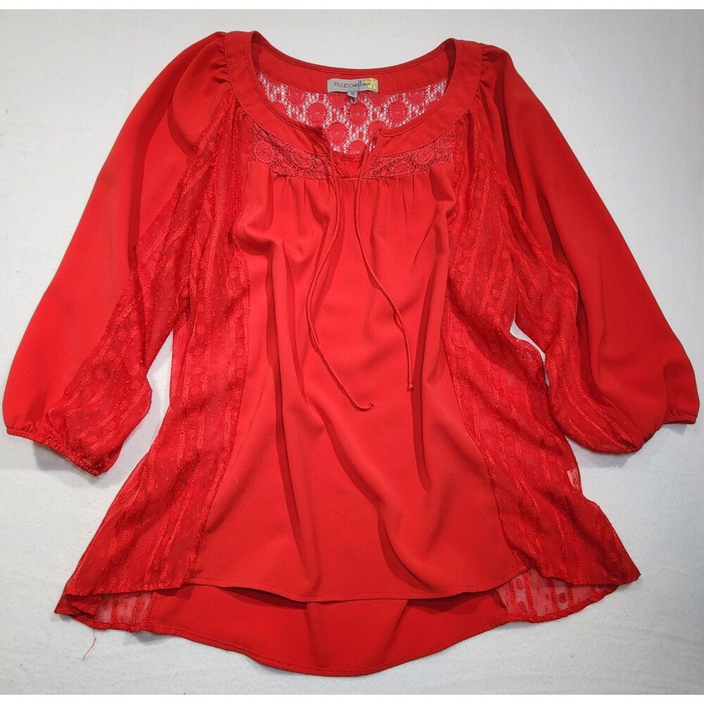 Figueroa & Flower Womens Blouse XL Red Lace Boho Sheer Peasant Romantic Top